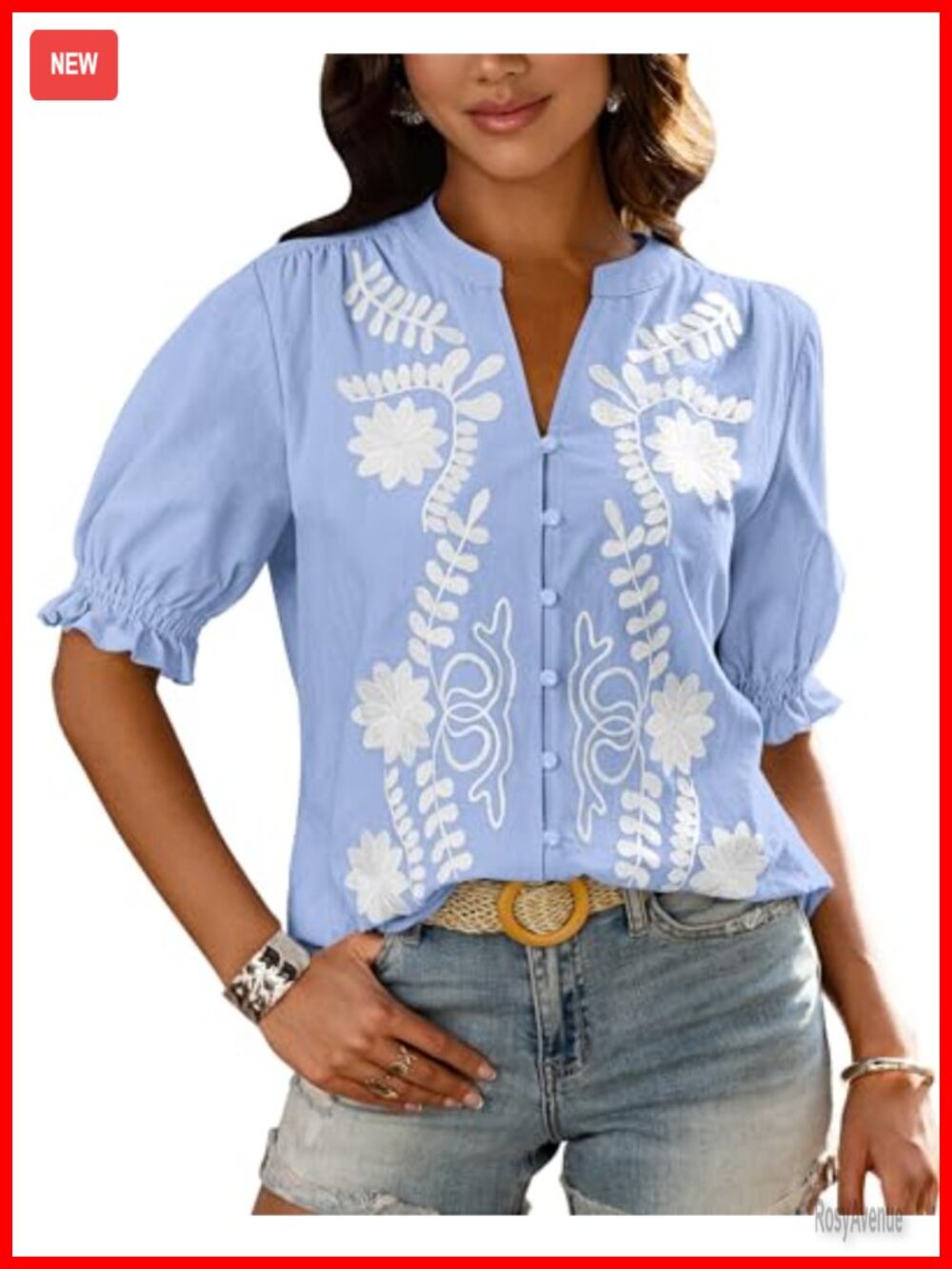 Women's Boho Embroidered Cotton Blouse V-Neck Puff Sleeve Summer